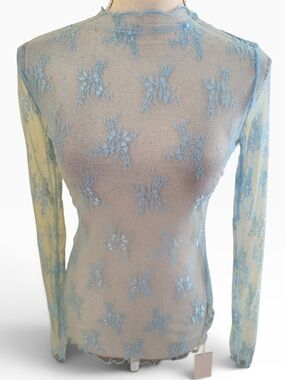 Sewn + Seen Light Blue Mesh Sheer Lace Mock Neck Long Sleeve Top S
